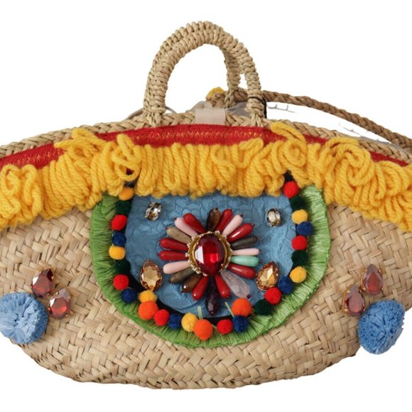 DOLCE & GABBANA Multicolor PomPom Balls Crystals Hand Straw - Picture 1 of 5